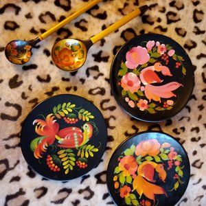 Vintage Ukrainian Khokhloma Lacquer Hand Painted Wooden Dish and Spoon Set